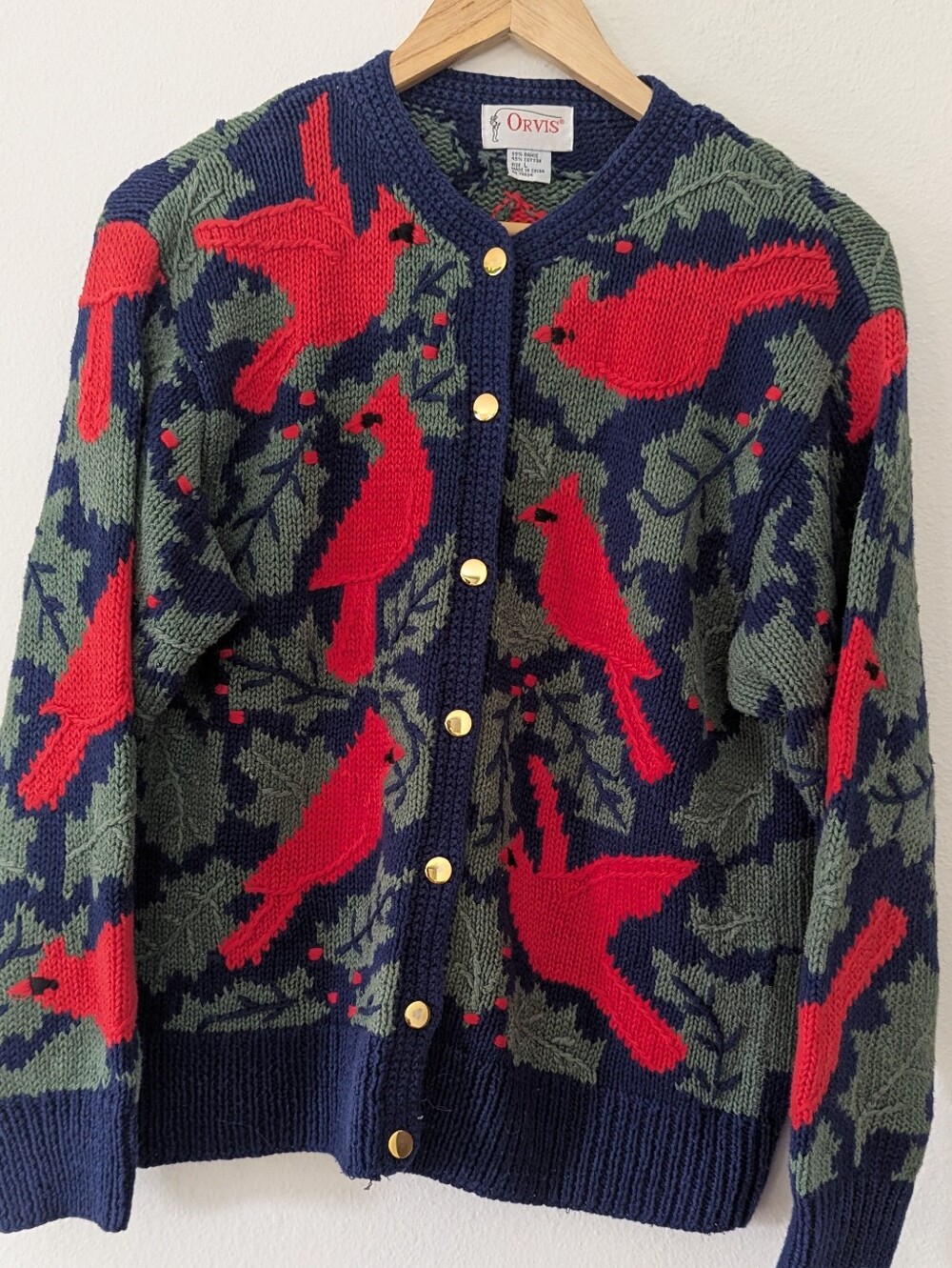 Orvis Women's Navy Cardigan Sweater with Red Cardinal Motif